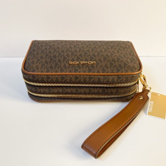 Michael Kors Jet Set Item Medium Travel Pouch Double Zip Wristlet MK Brown - Picture 7 of 13